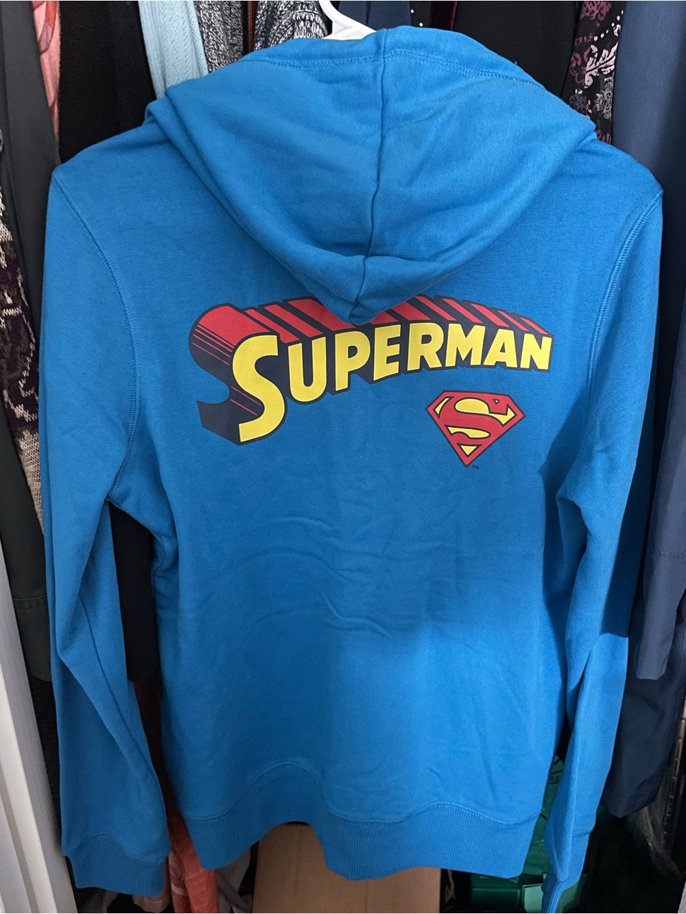 DC Men's Blue Zip-Up Hoodie with Yellow & Red Superman Logo & Stripes Small Soft